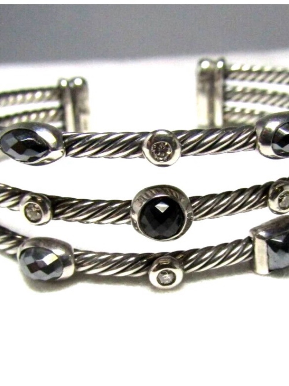 David Yurman Sterling Silver 3-Row Hematite, Onyx and Diamond Confetti  Bracelet